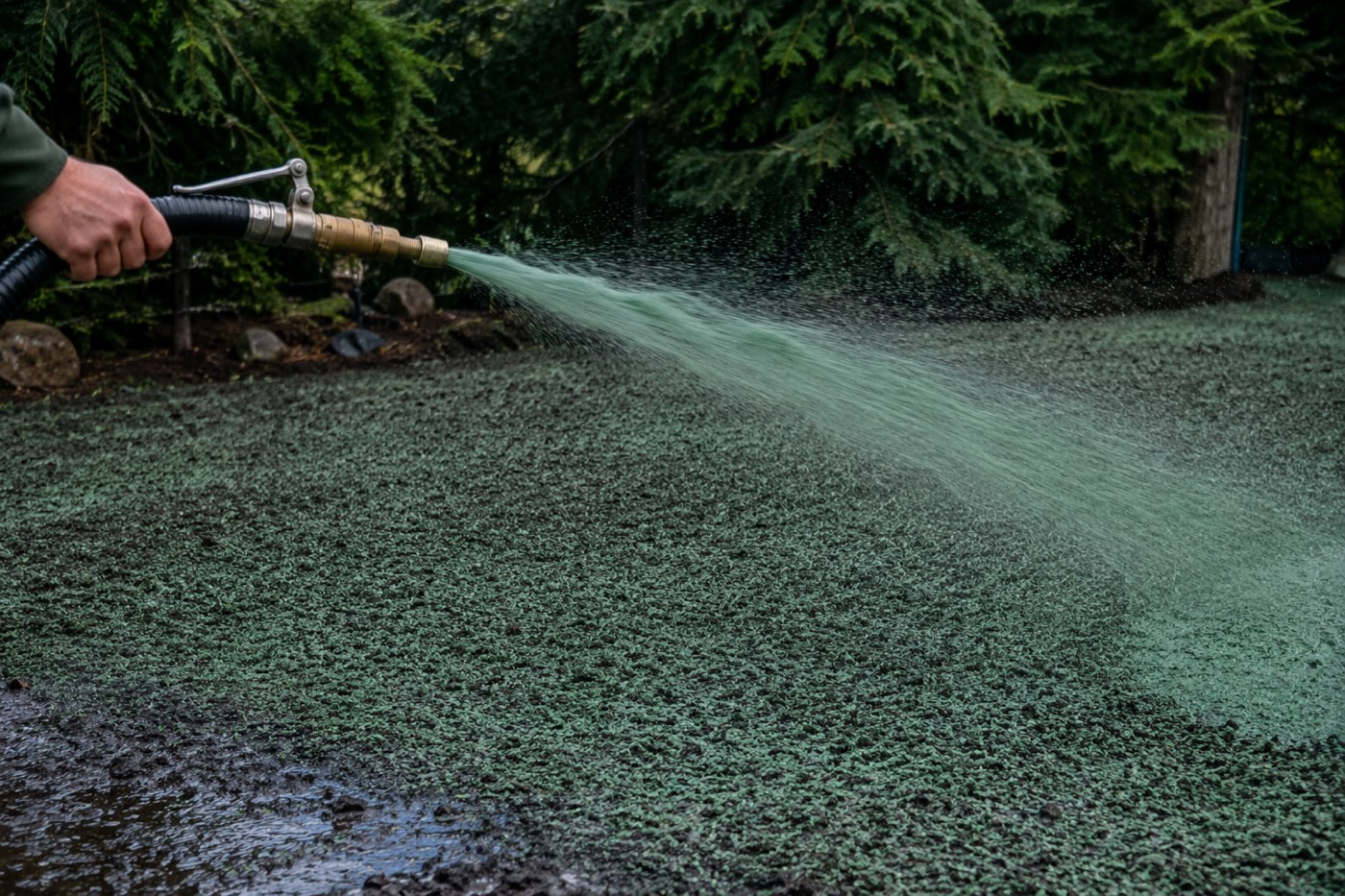 Hydroseed slurry being sprayed across soil
